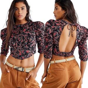 Free People Floral Open Back Crop Top Corset Style Ruched Sleeves Size M